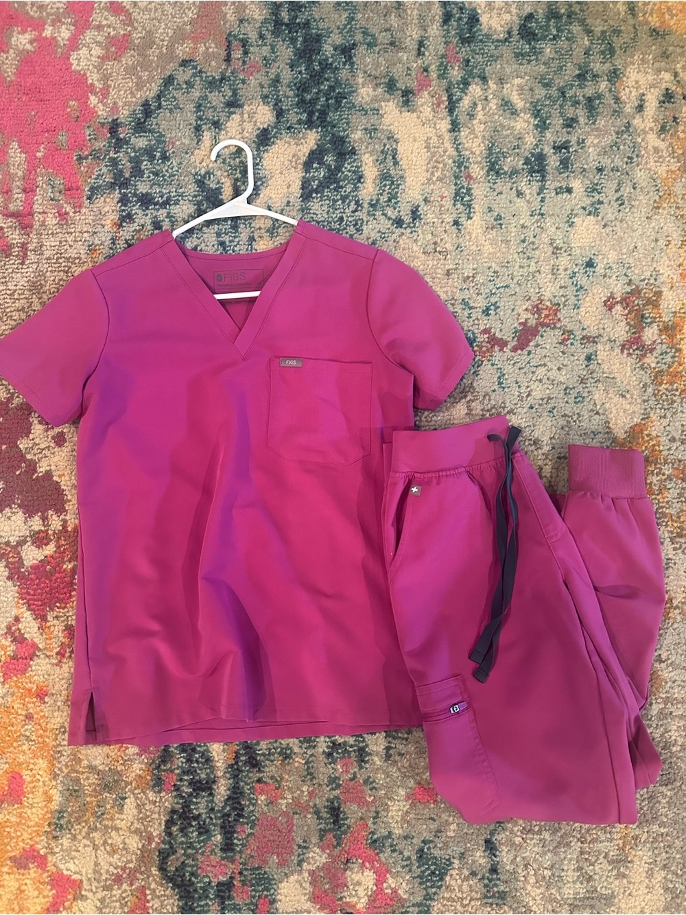 Figs Magenta V-Neck Scrub Top with Matching Drawstring Pants